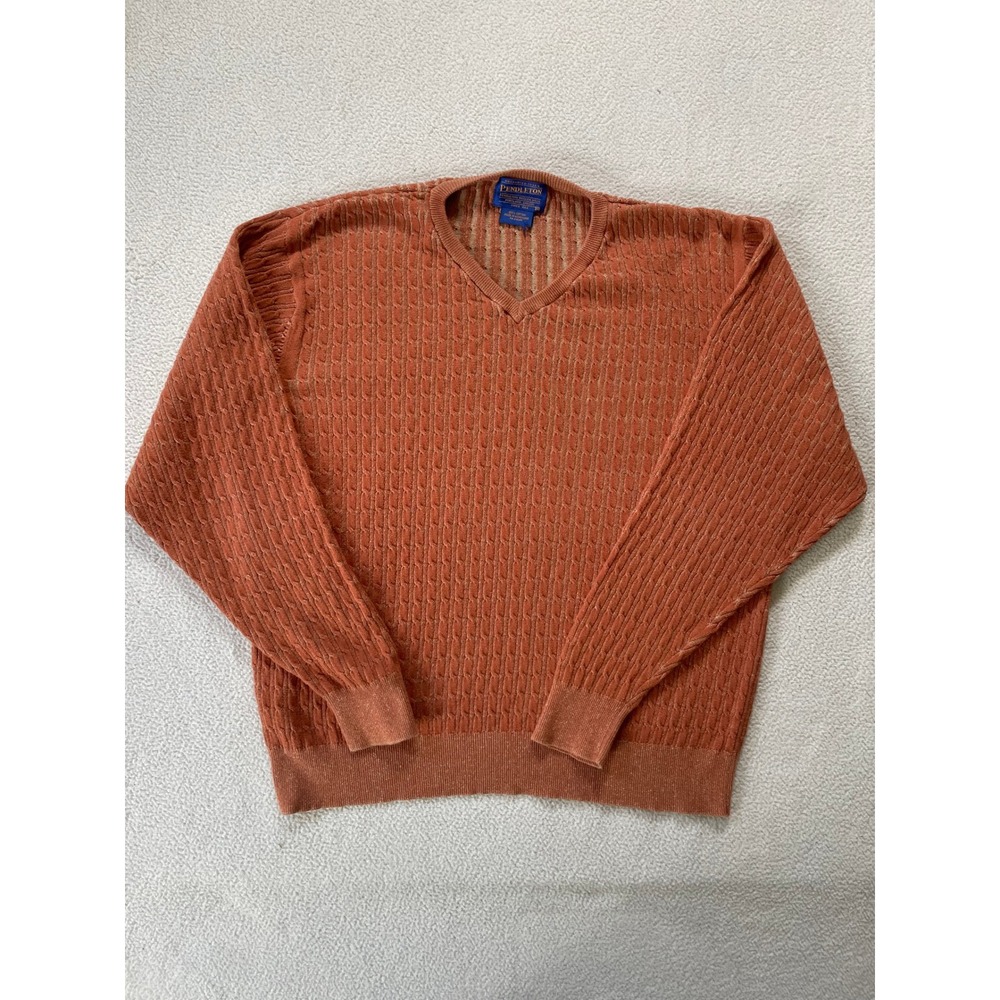 Vintage 90s Pendleton Mens Medium Sweater Rust Orange Cable Knit V-Neck Cotton